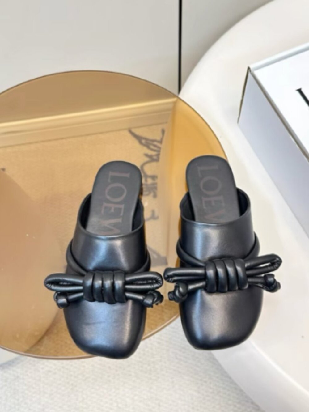 Loewe Black Leather Knotted Bow Mules